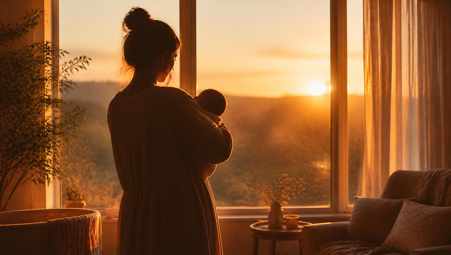 A mother silhouetted at a window at dawn, holding her newborn