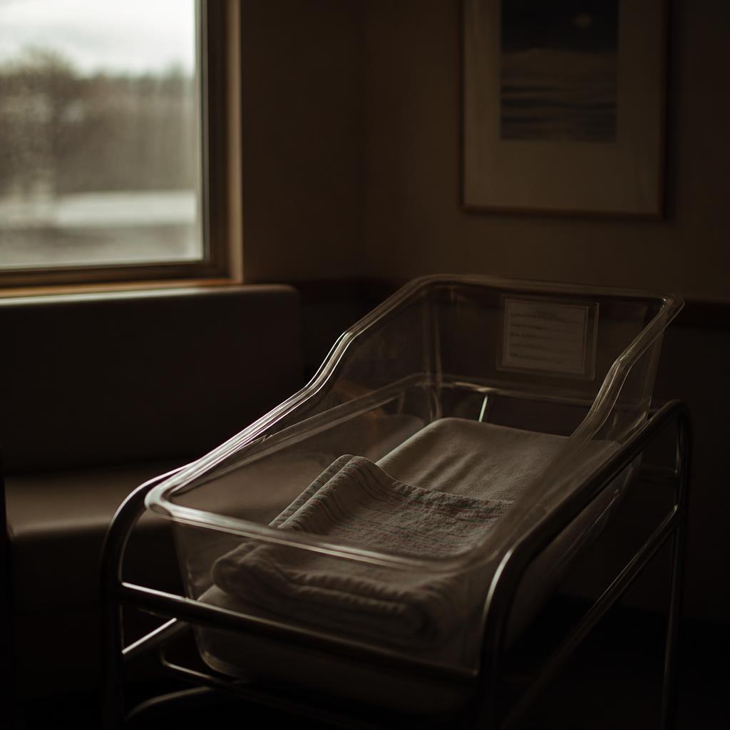 An empty hospital bassinet by a window