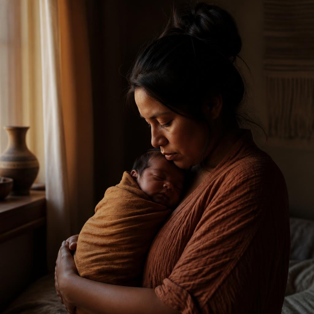 Mother holding her swaddled baby