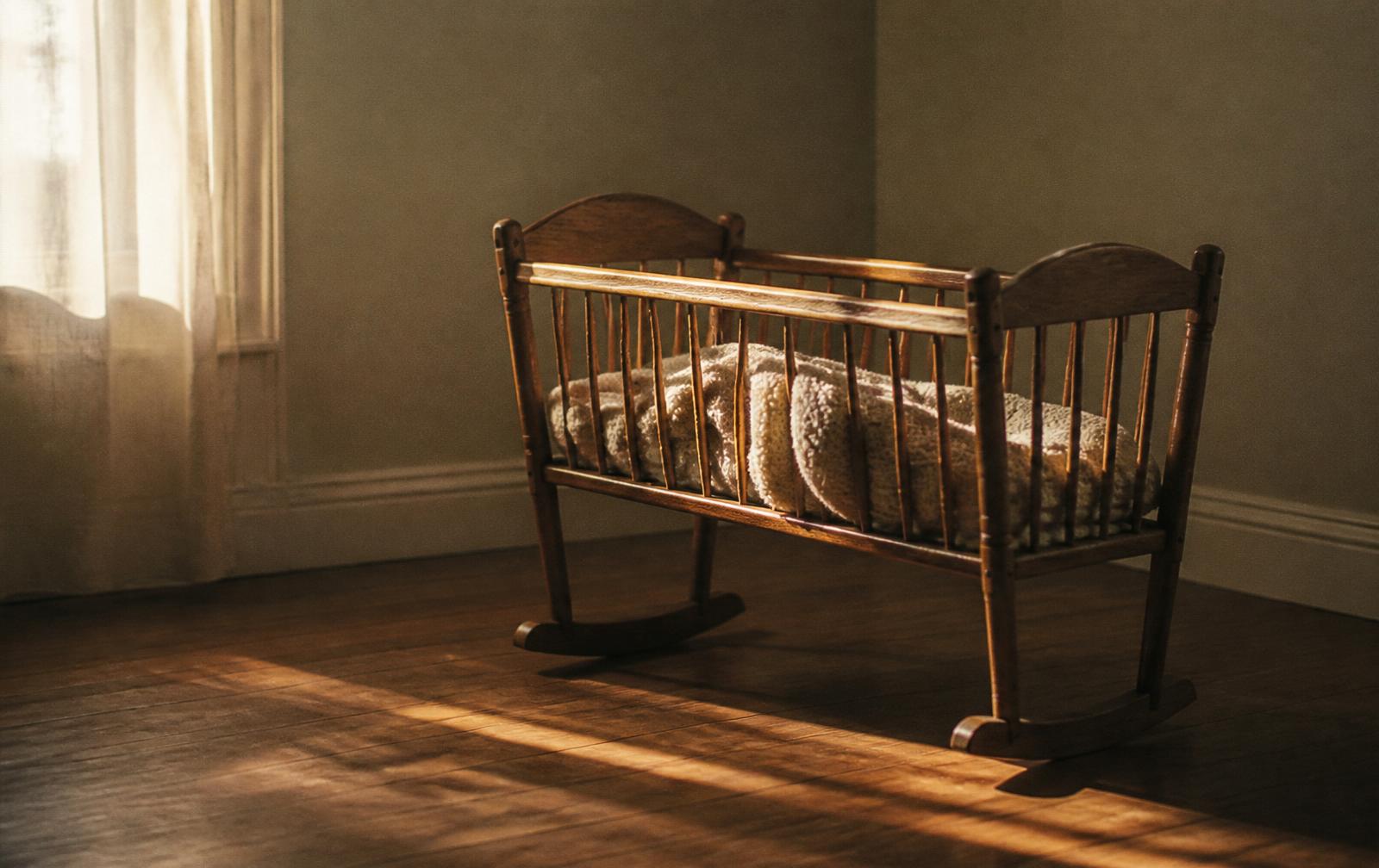 An empty wooden bassinet in soft morning light