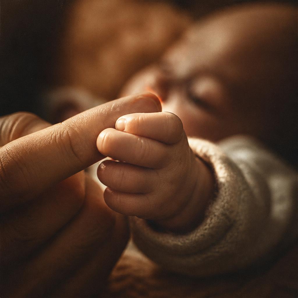 A newborn's hand wrapped around an adult finger